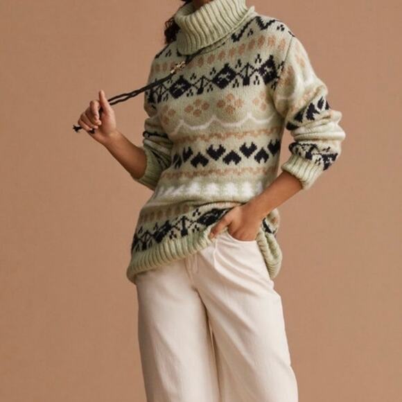 Anthropologie Mint Green‎ Fair Isle Heavy Knit Turtleneck Tunic Sweater XS - Picture 2 of 9